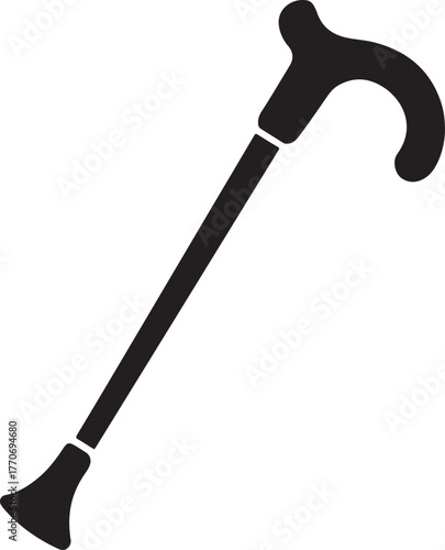 Black silhouette of a walking cane with a curved handle and flared tip mobility aid support
