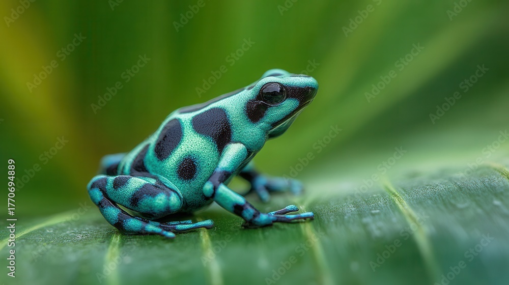 Obraz premium Vibrant green and black poison dart frog on a leaf close up
