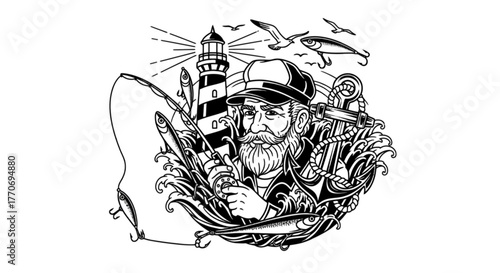 Monochrome Design Featuring a Bearded Fisherman Lighthouse and Nautical Elements Art