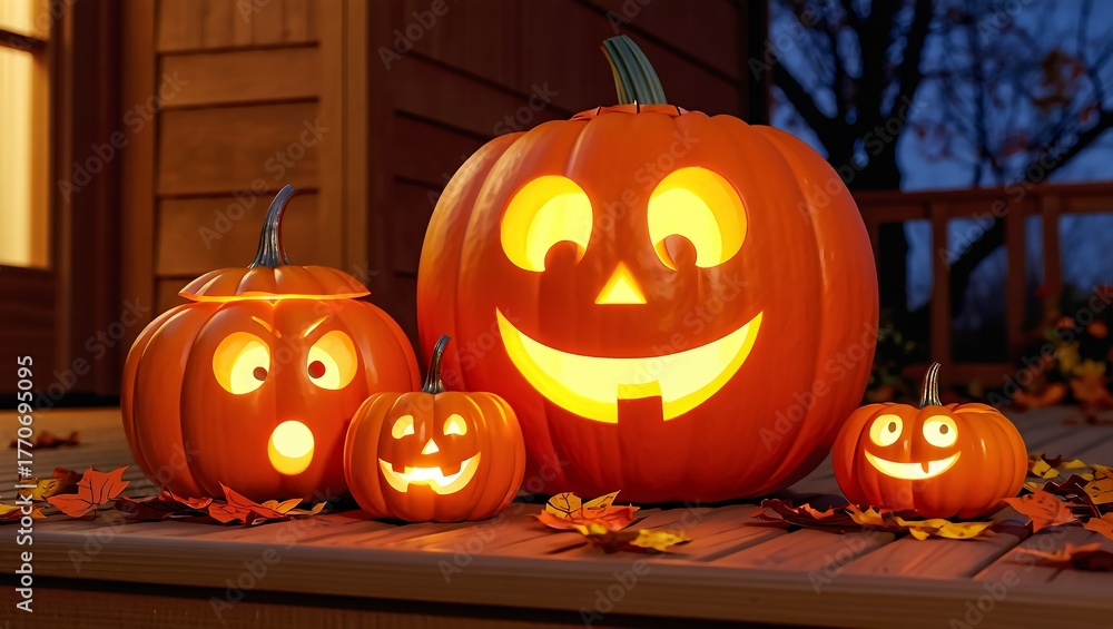 Obraz premium A cheerful family of four glowing jack-o'-lanterns with various expressions sits on a rustic porch, creating a warm and festive Halloween display with fallen autumn leaves.