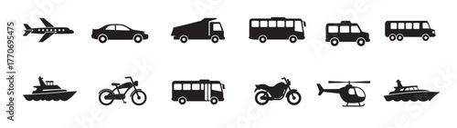 Transportation, vehicle icon set. Vector glyph pictograms of travel, logistics, public transit concepts, car, train, bus, bicycle, boat, and air plane black silhouette, vector illustration.
