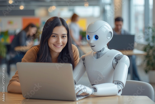 Woman and AI humanoid robot work together and collaborating while looking at a laptop, symbolizing AI partnership help job