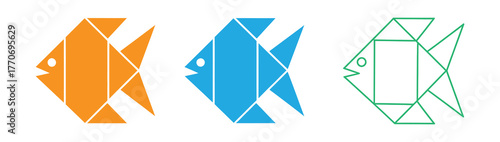 Fish icon set. A simple geometric fish illustration, available in line art, solid black silhouette, and blue color, representing a marine animal Pro Vector