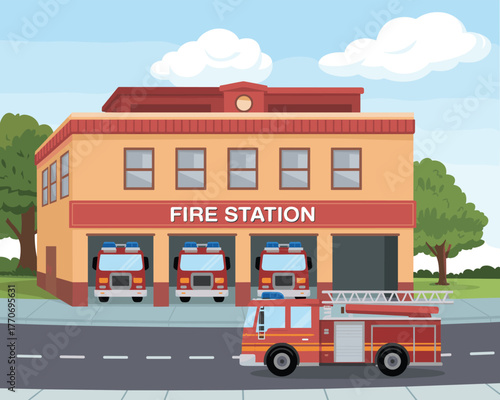Fire station building with fire trucks, emergency response vehicles, garage bays, suburban safety infrastructure, public service facility, rescue operation scene