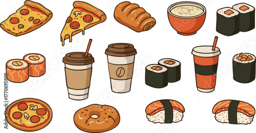 Assorted food and drinks illustration featuring pizza sushi coffee and more items