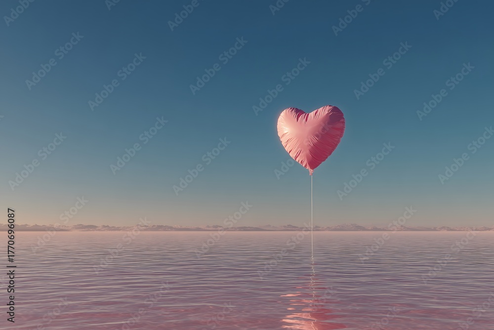 Fototapeta premium Heart-shaped balloon floating over a pink lake under a blue sky, creating a serene and romantic atmosphere.