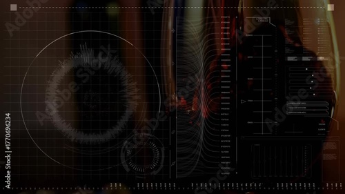 UI overlay appearing triggers grid scanning eye, reticle sweeping and bars rising to show metrics