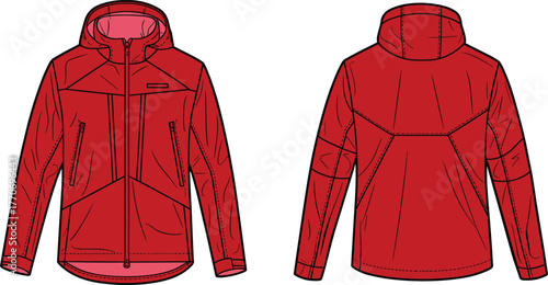 Red hooded jacket front and back view, technical fashion sketch, athletic outerwear design, zippered pockets, modern garment template, casual wear