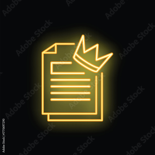 Neon icon of a document with a crown is glowing on a black background, representing intellectual property