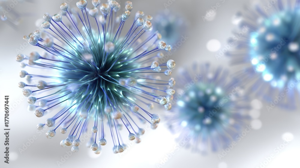 Obraz premium Chikungunya Virus Particle 3D Rendering with Detailed Surface Spikes in Abstract Scientific Visualization