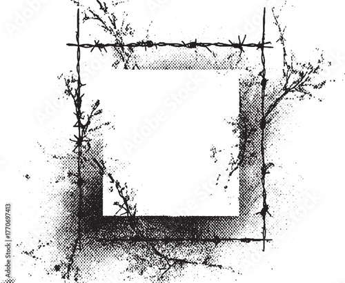 Barbed wire frame with branches and halftone texture abstract background