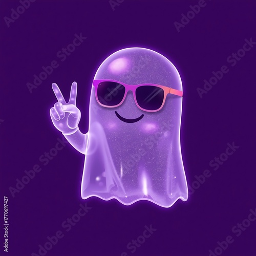 Ghost with peace sign and sunglasses on purple background