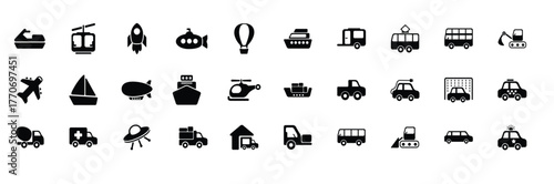 Travel icons including luggage air plane map and location markers. Collection of nine transportation icons including car bicycle air plane train ship scooter bus segway and person isolated on white.