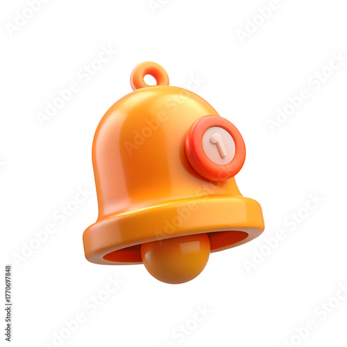 Orange 3D notification bell icon with a red circle and number one on its surface digital communication alert symbol render