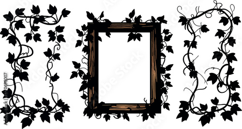 Ivy Vine Frames Set: Silhouette Borders and Rustic Wood Frame with Climbing Leaves
