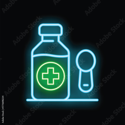 Glowing neon line medicine bottle and spoon icon isolated on black background. Vector illustration