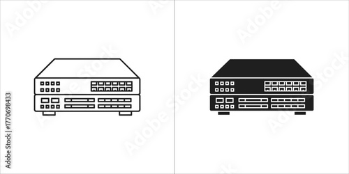 Network switch in black and white, used to connect devices together on a computer network