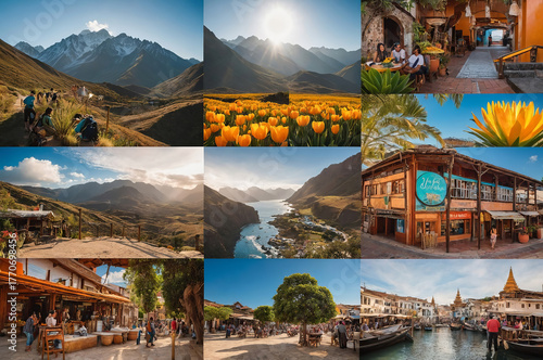 Collage of diverse landscapes including mountains, fields, and coastal towns