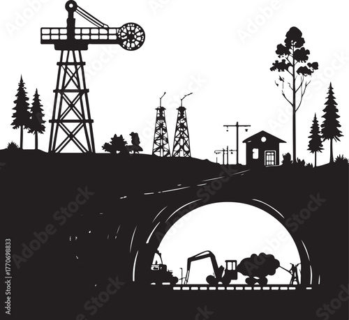 Black and white silhouette of a coal mine with tunnel and machinery Keywords: coal mine, mining, industry, silhouette, tunnel, machinery, crane, truck, train, workers, equipment, industrial