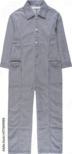 gray denim jumpsuit with buttons and pocket on white background