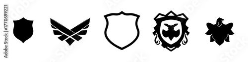 a collection of shield-like emblems in black and white