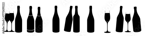 elegant silhouettes of champagne bottles and glasses set against a clean white background