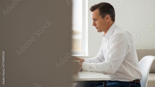 Partially Obscured Man in White Shirt Sitting in Modern Chair
