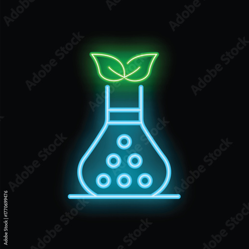 Neon sign of erlenmeyer flask with green leaves growing from top representing sustainable chemistry