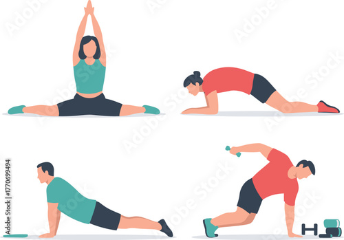 Fitness Training, Stretching, and Home Workout Flat Vector Illustration Set