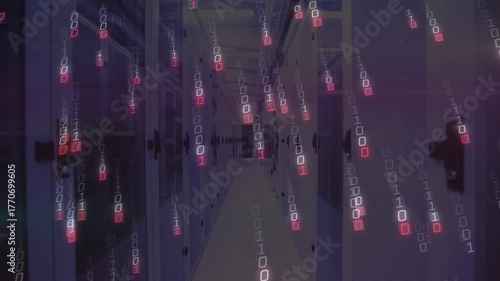 Binary code materializing in server corridor glitching then cascading data rain for monitoring