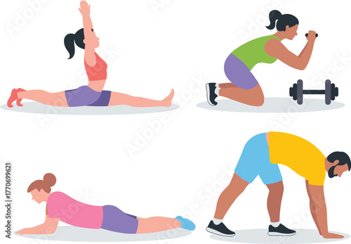 Home Workout, Fitness Training, and Exercise Poses Flat Vector Illustration Set