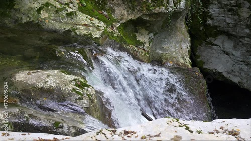 Waterfall of the Kozjak River coming down the mountain to join the Isonzo River, Slovenia.