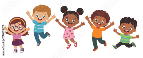 Diverse group of happy children jumping, celebrating success and joy