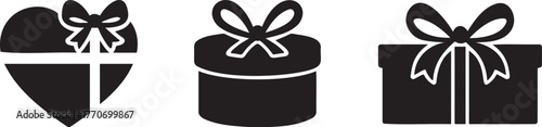 Three black gift box icons with bows, isolated on transparent background