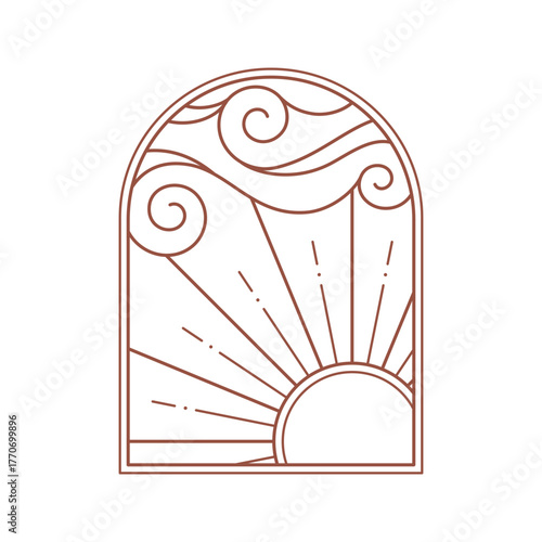 Boho linear emblem.Bohemian vector logo design with cloudy sky, sun and sunburst.Modern celestial icon or symbol in trendy minimalist style.Branding design template.