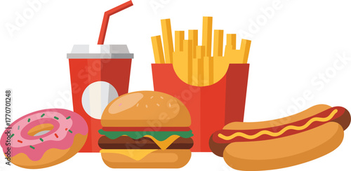 Fast Food Meal Combination and Unhealthy Junk Food Flat Vector Illustration