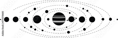 Whimsical Solar System Vector Illustration A Celestial Dance of Planets and Moons in Detailed Silhouette, Perfect for Educational Materials and Space Exploration Designs, Detailed Cosmic Chart
