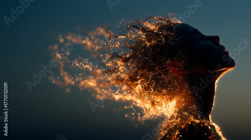 Silhouette of a woman's head dissolving into glowing embers against a twilight sky.