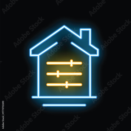 Glowing neon icon of a house with adjustment controls, symbolizing a smart home automation system