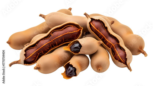 Ripe tamarind fruit pods with sticky brown pulp and seeds stacked in a pile on a transparent background
