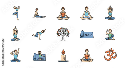 Set of vector cartoon illustrations depicting various yoga poses and meditation, including a stylized tree and the Om symbol, perfect for wellness and spiritual content, presented on a clean white