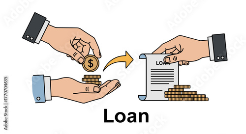 Conceptual illustration of a financial transaction, depicting the exchange of money for a loan agreement, symbolizing borrowing, lending, and financial services with coins and a contract document.