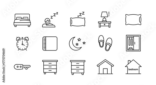 A clean and modern line icon set representing sleep and bedroom elements, including a bed, furniture, and rest symbols, presented on a white background for easy integration into various design