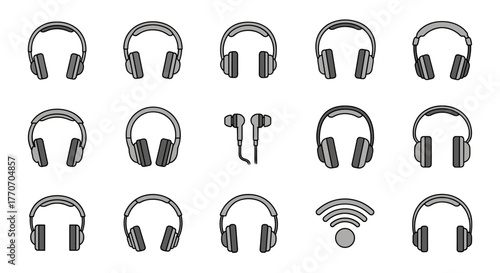 Collection of various headphone icons, including over-ear and in-ear models, presented on a black background. This versatile vector graphic features editable strokes and is suitable for a wide range