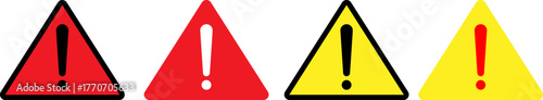 Four warning signs with exclamation marks in red and yellow