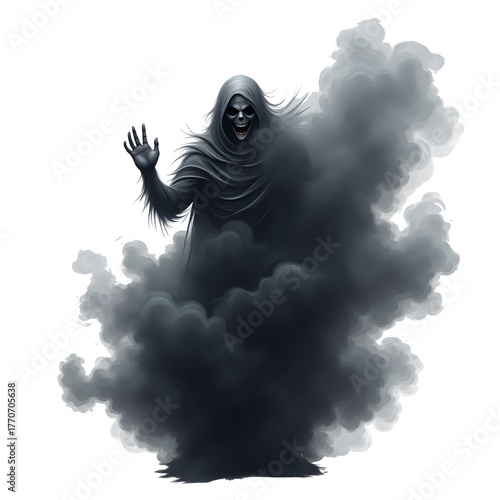 Mysterious Hooded Figure in Dark Fog - Spooky Halloween Illustration