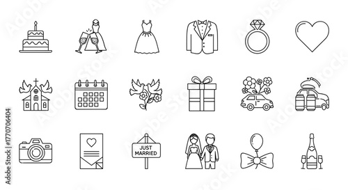 Collection of wedding thin line icons, including a cake, champagne glasses, a bride and groom, a church, doves, a calendar, a wedding dress, a tuxedo, a diamond ring, a heart, a gift box, a decorated