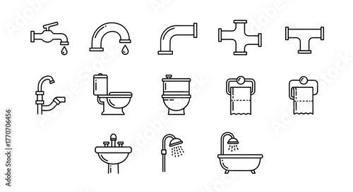 Minimalistic line icon pack featuring essential plumbing and bathroom fixtures, including faucets, various pipe fittings, toilets, sinks, showerheads, bathtubs, and toilet paper holders, presented in