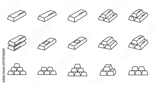 Collection of Gold Bar Illustrations in Outline Style, Featuring Editable Strokes, Perfect for Infographics, Articles, Books, Flyers, Banners, and Vector Cartoon Designs, Showcasing Wealth and