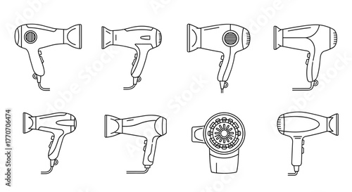 Collection of eight minimalistic outline icons of hair dryers, presented in a clean, vector cartoon illustration style against a white background, perfect for web design, graphic design, app icons